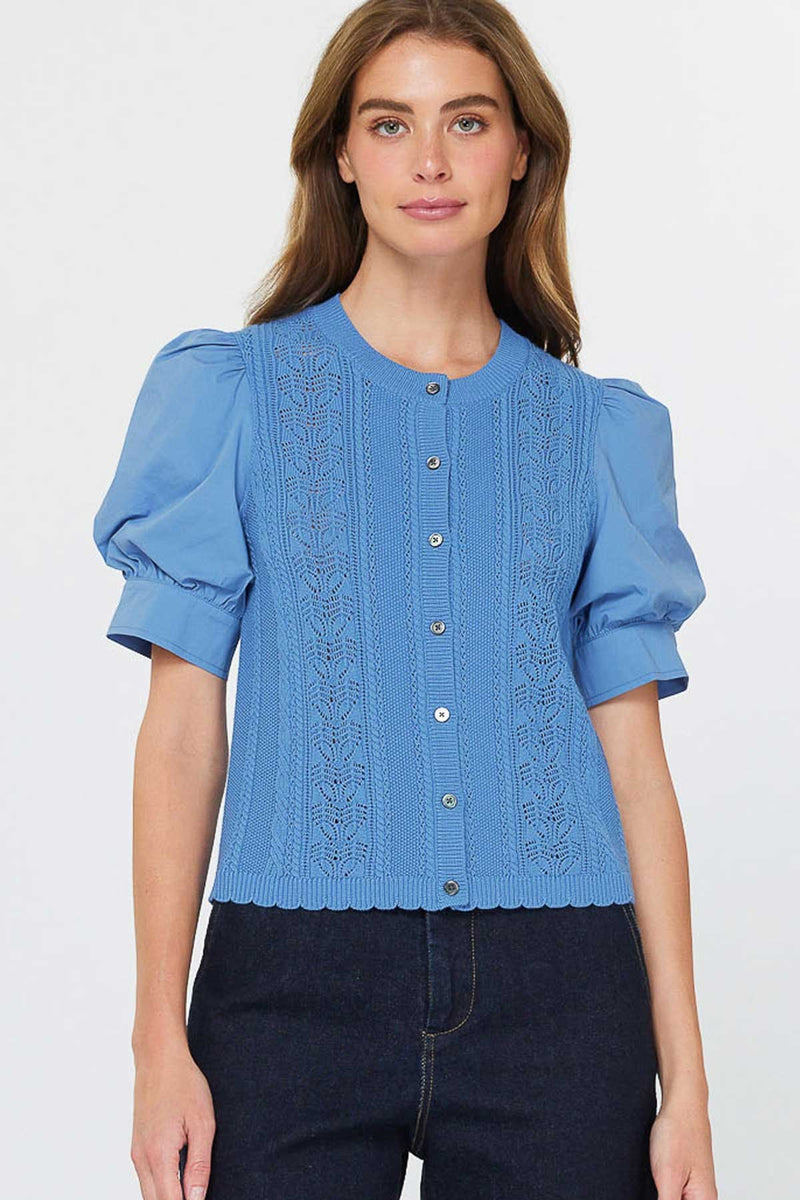Woven Puff Sleeve Button Down Sweater
