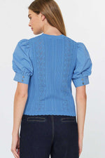 Woven Puff Sleeve Button Down Sweater