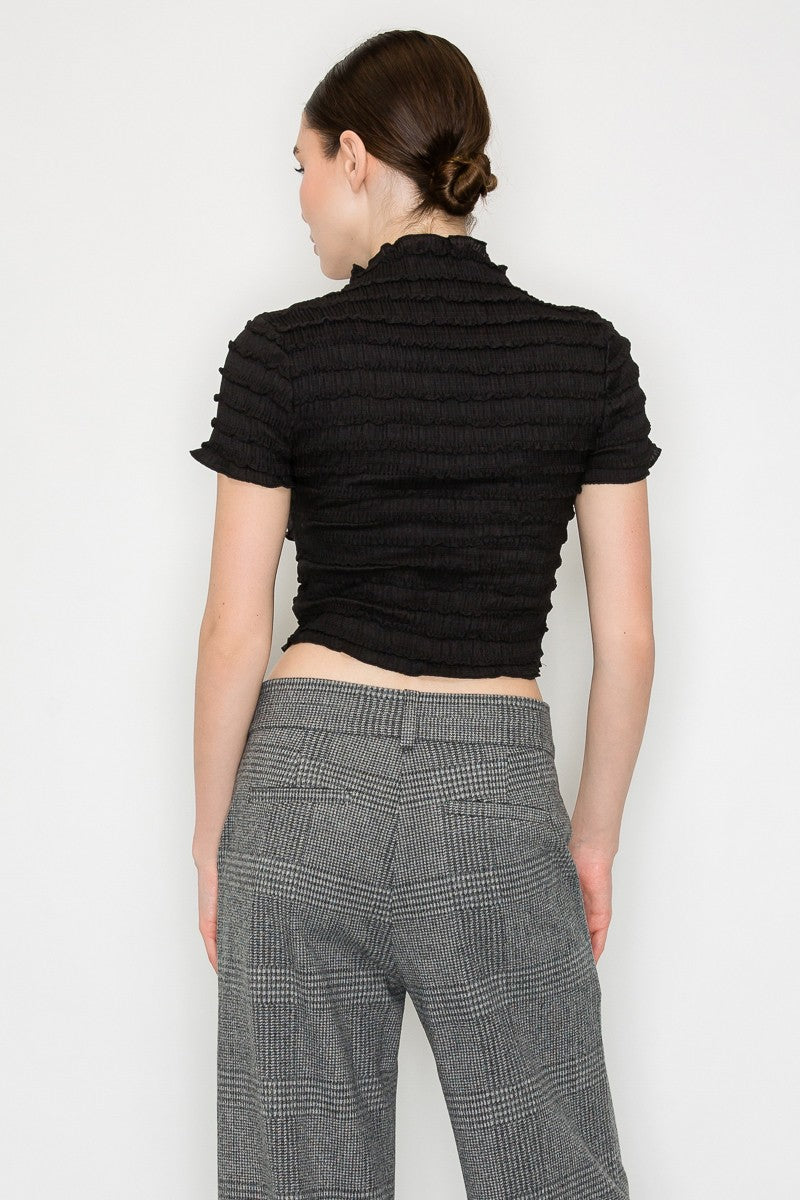 Smocking Ruffle Trim Tiered Mock Top