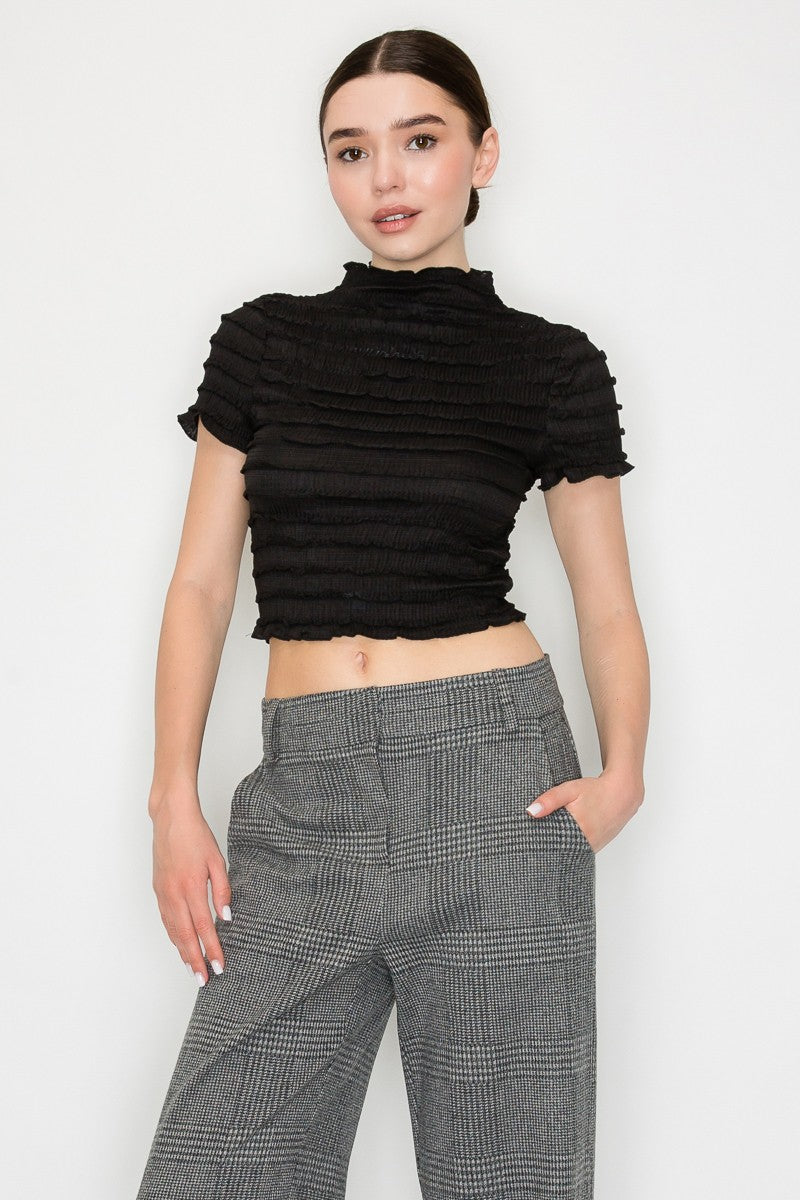 Smocking Ruffle Trim Tiered Mock Top