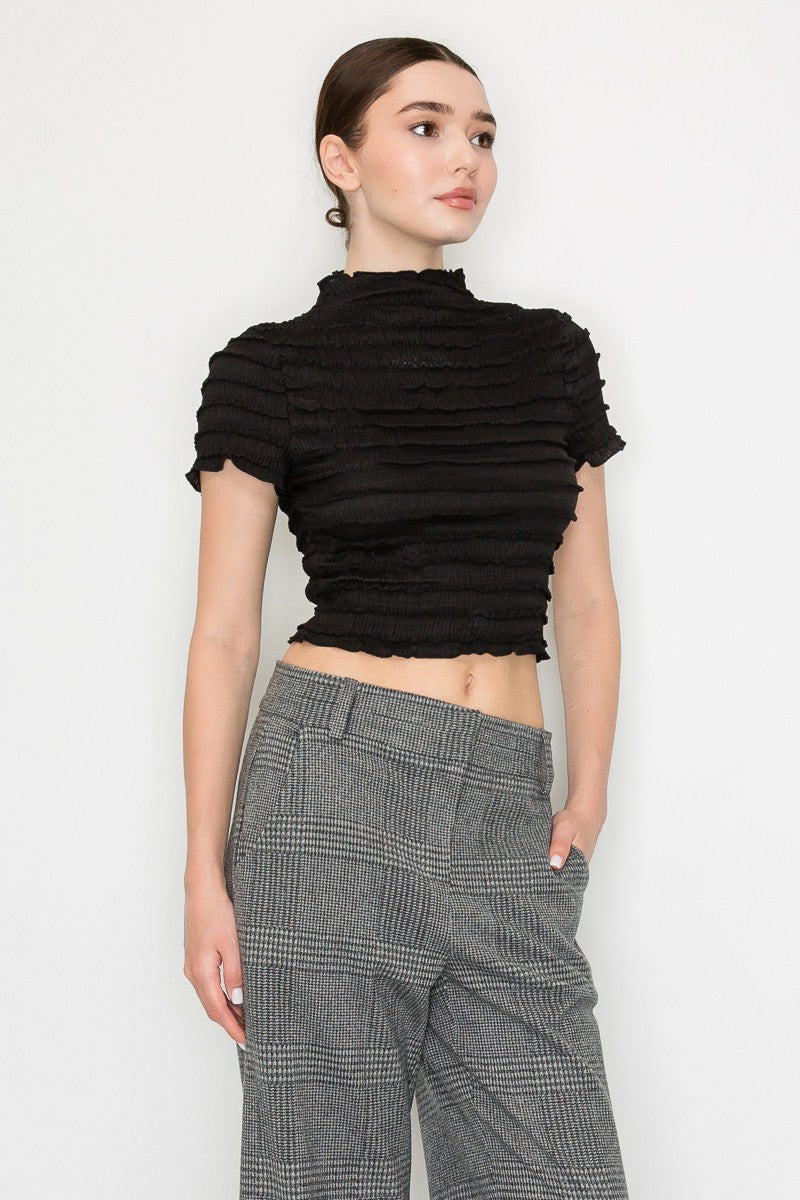 Smocking Ruffle Trim Tiered Mock Top