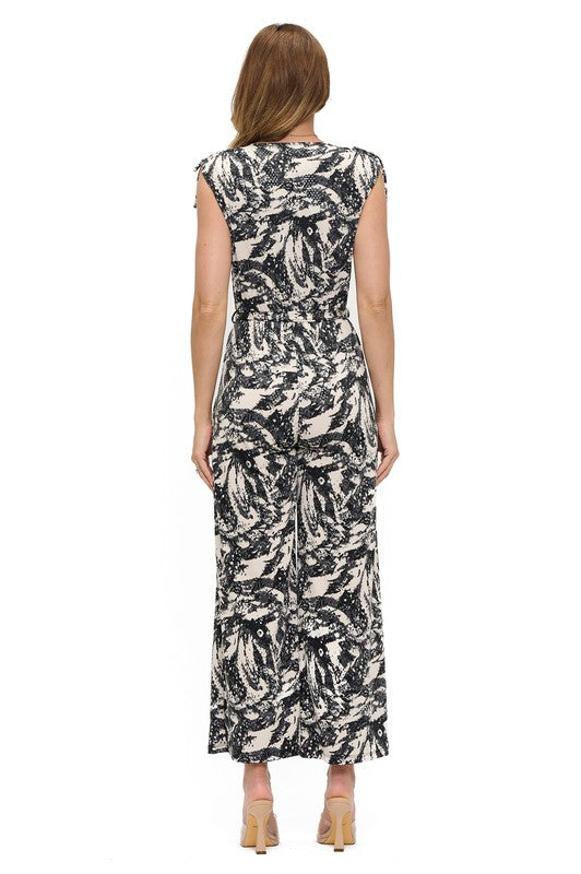 Ariella Printed Surplice Jumpsuit w/ Belt
