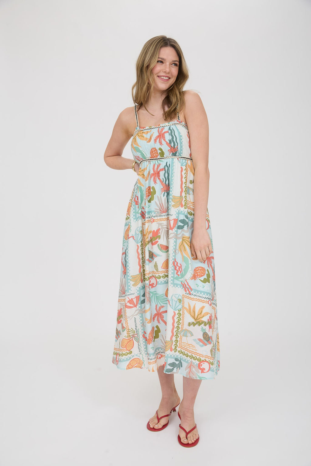 Tropical Print Braid Trim Sleeveless Midi Dress