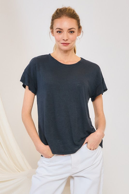 Hacci Slub Drop Shoulder Ruffle Crew Neck Top