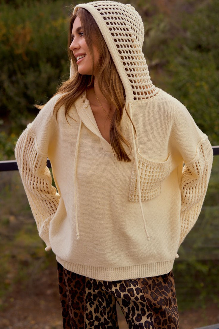 Pointelle Knit Long Bell Sleeves Hoodies Top