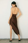 Dull satin dark chocolate maxi dress featuring a side pleat and an elegant open back, perfect for Long Island boutique fashion.