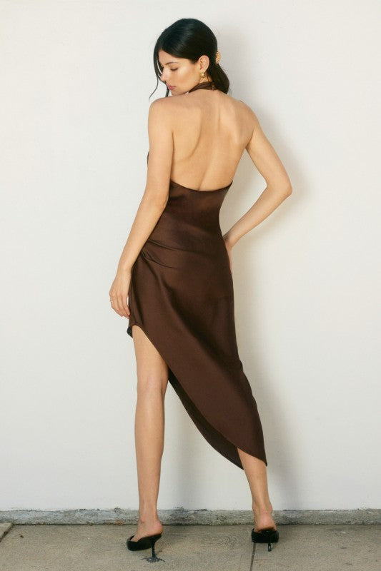 Dull satin dark chocolate maxi dress featuring a side pleat and an elegant open back, perfect for Long Island boutique fashion.