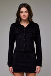 Hidden Suede Button Up Shirt in Suede Black – soft stretch suede top from TandyWear women’s boutique front view