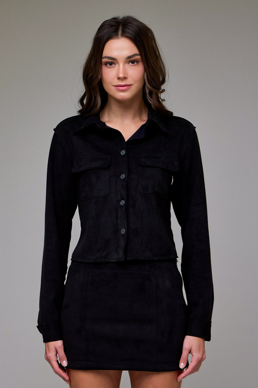Hidden Suede Button Up Shirt in Suede Black – soft stretch suede top from TandyWear women’s boutique front view
