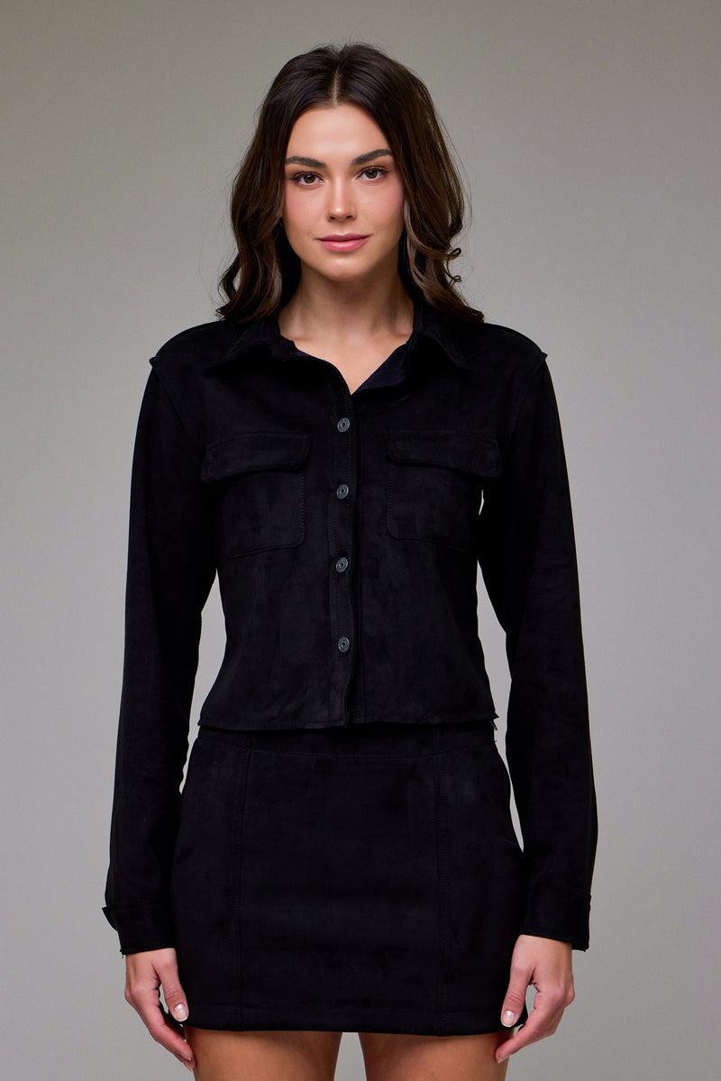 Hidden Suede Button Up Shirt in Suede Black – soft stretch suede top from TandyWear women’s boutique front view