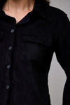 Hidden Suede Button Up Shirt in Suede Black – soft stretch suede top from TandyWear women’s boutique front view up close 