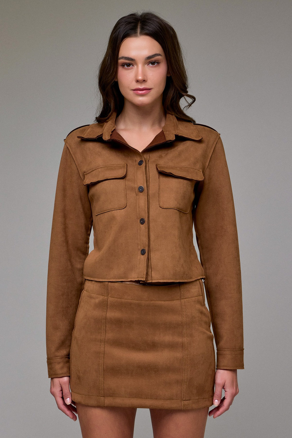 Hidden Suede Button Up Shirt in Suede Black – soft stretch suede top from TandyWear women’s boutique front view