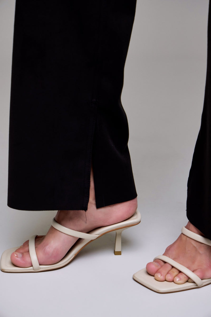 Hidden Suede Stretch High Rise Classic Straight Jeans in Suede Black – luxe stretch suede pants from TandyWear women’s boutique ankle slit
