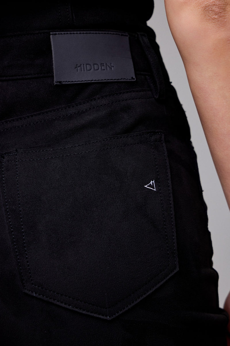 Hidden Suede Stretch High Rise Classic Straight Jeans in Suede Black – luxe stretch suede pants from TandyWear women’s boutique up close back pocket 