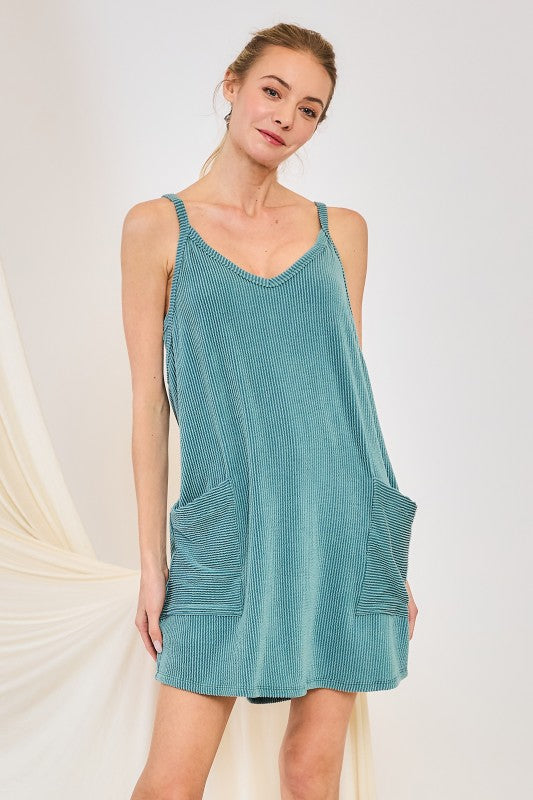 WAVE RIBBED V-NECK MINI ROMPER DRESS