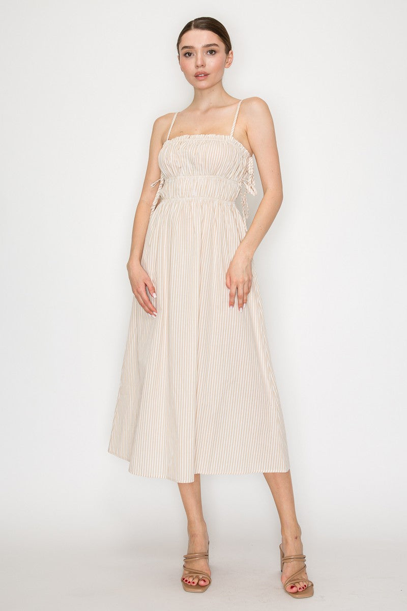 Side Tie Gathered Midi Dress