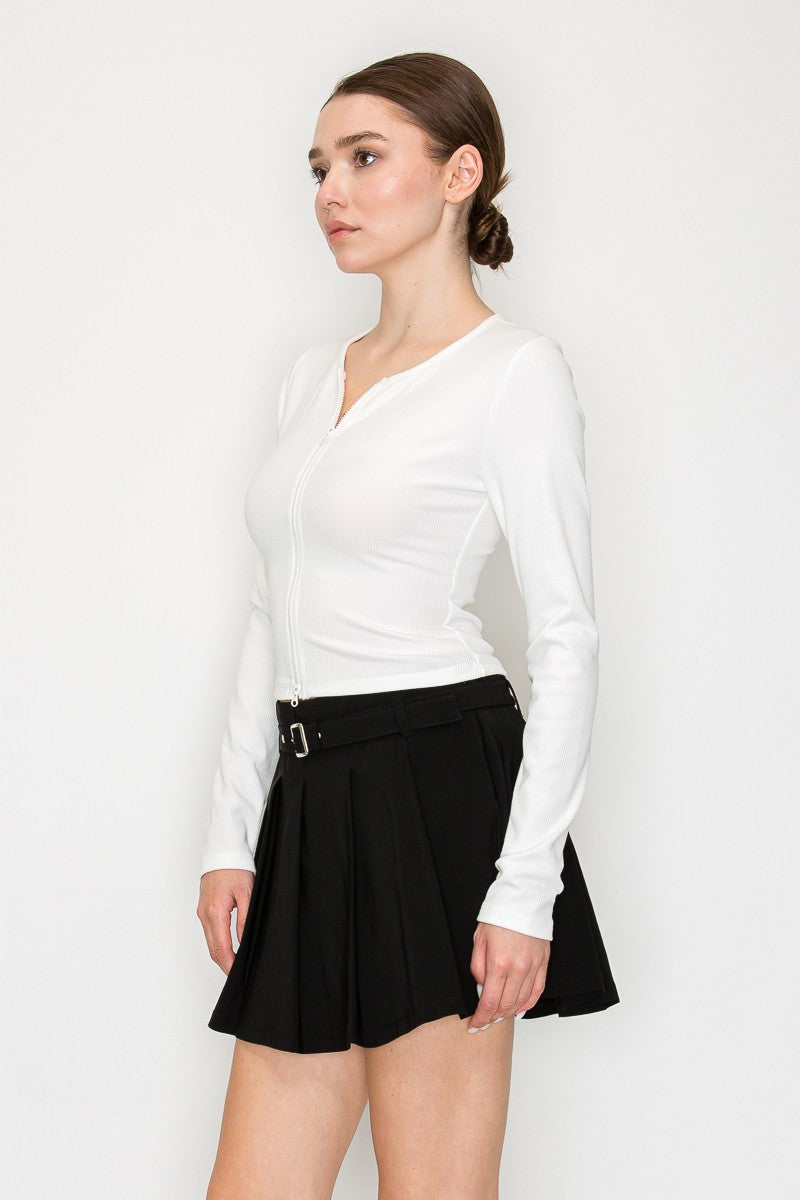 Zippered Ribbed Long Sleeve Top