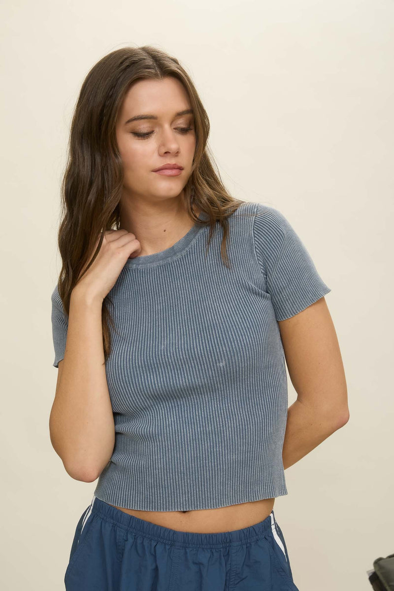Washed Ribbed Short Sleeve Cropped Tee