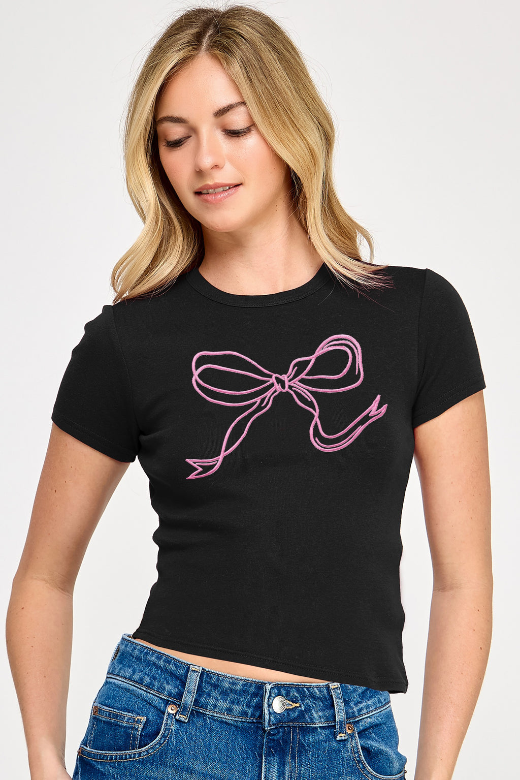 Basic Baby Rib Tee With Bow Embroidery