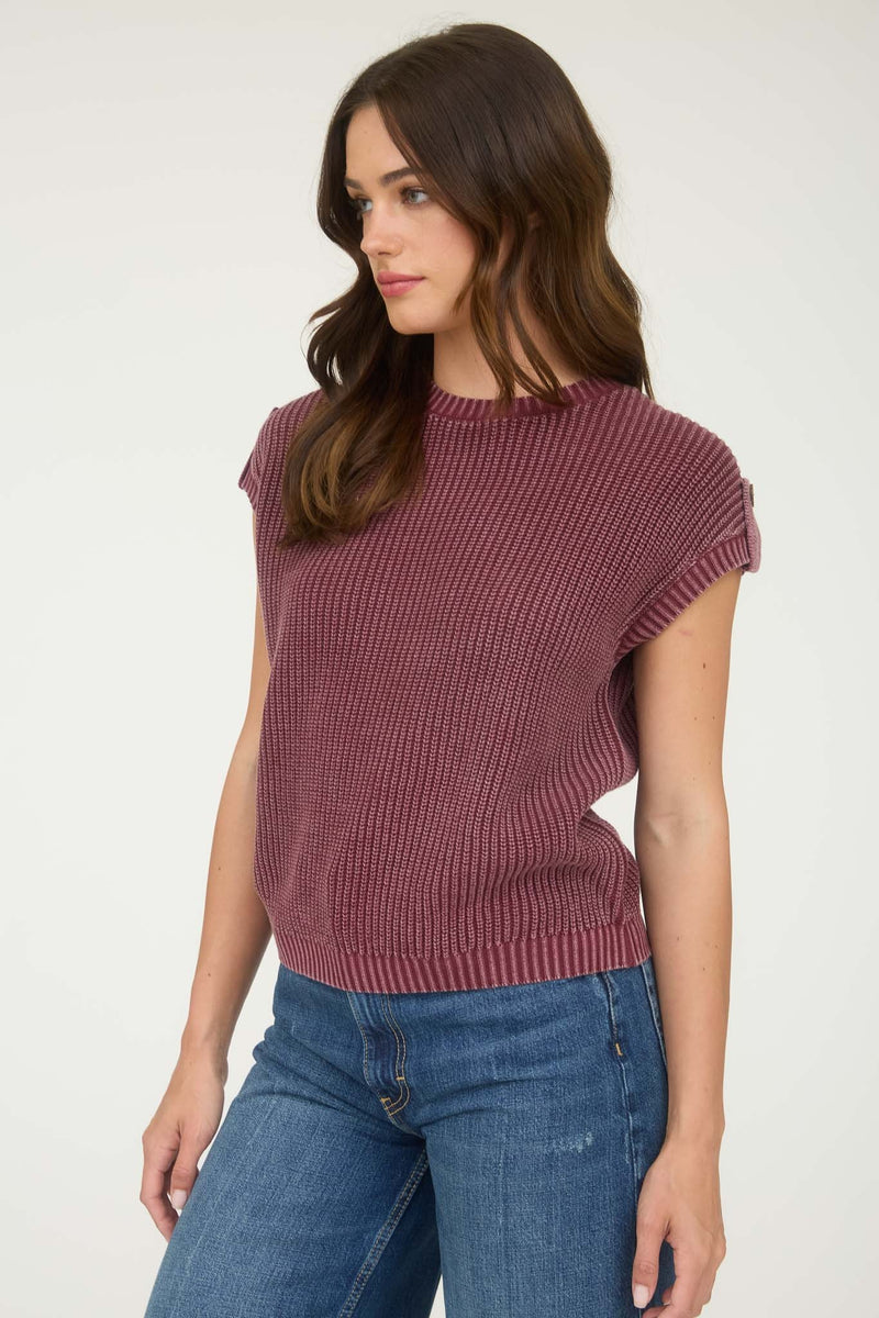 Washed Knit Short Tab Sleeve Pullover Sweater