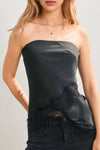 Black dull satin tube top featuring an elegant lace hem, perfect for layering with Long Island boutique fashion.