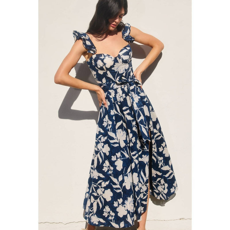 Indigo Mood Corset Flutter Sleeve Midi Dress