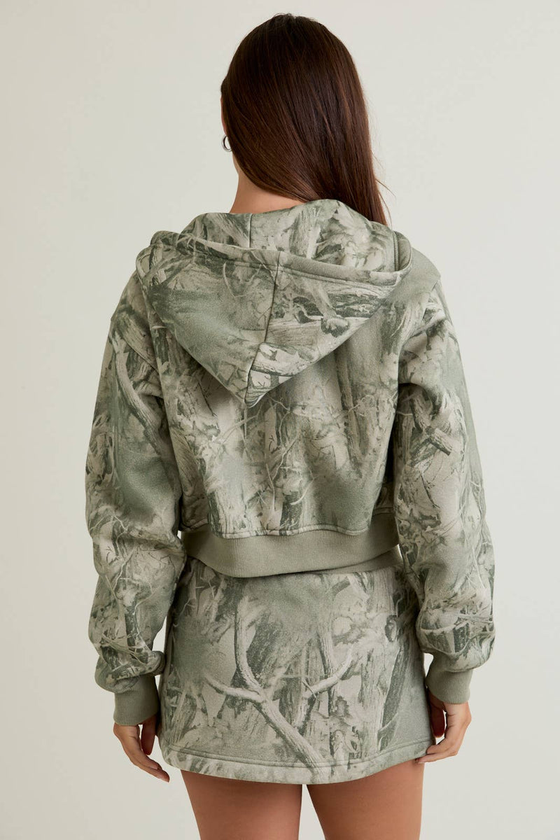 Tree Camo Printed Crop Hoodie Jacket