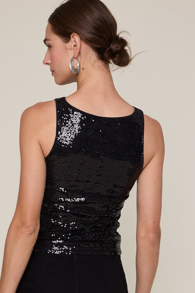 Fitted black tank top adorned with full sequins, featuring a sleek design perfect for a night out in Long Island boutique fashion.