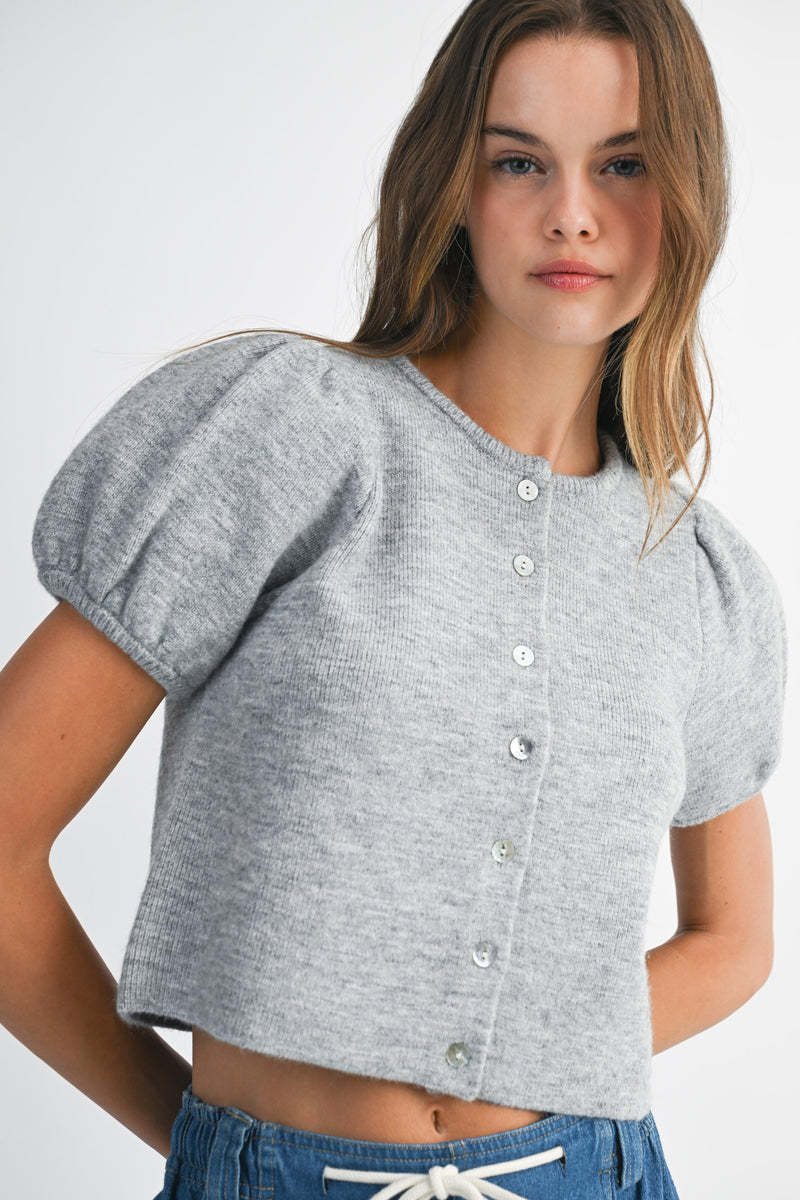 Puff Short Sleeve Button Down Knit Top