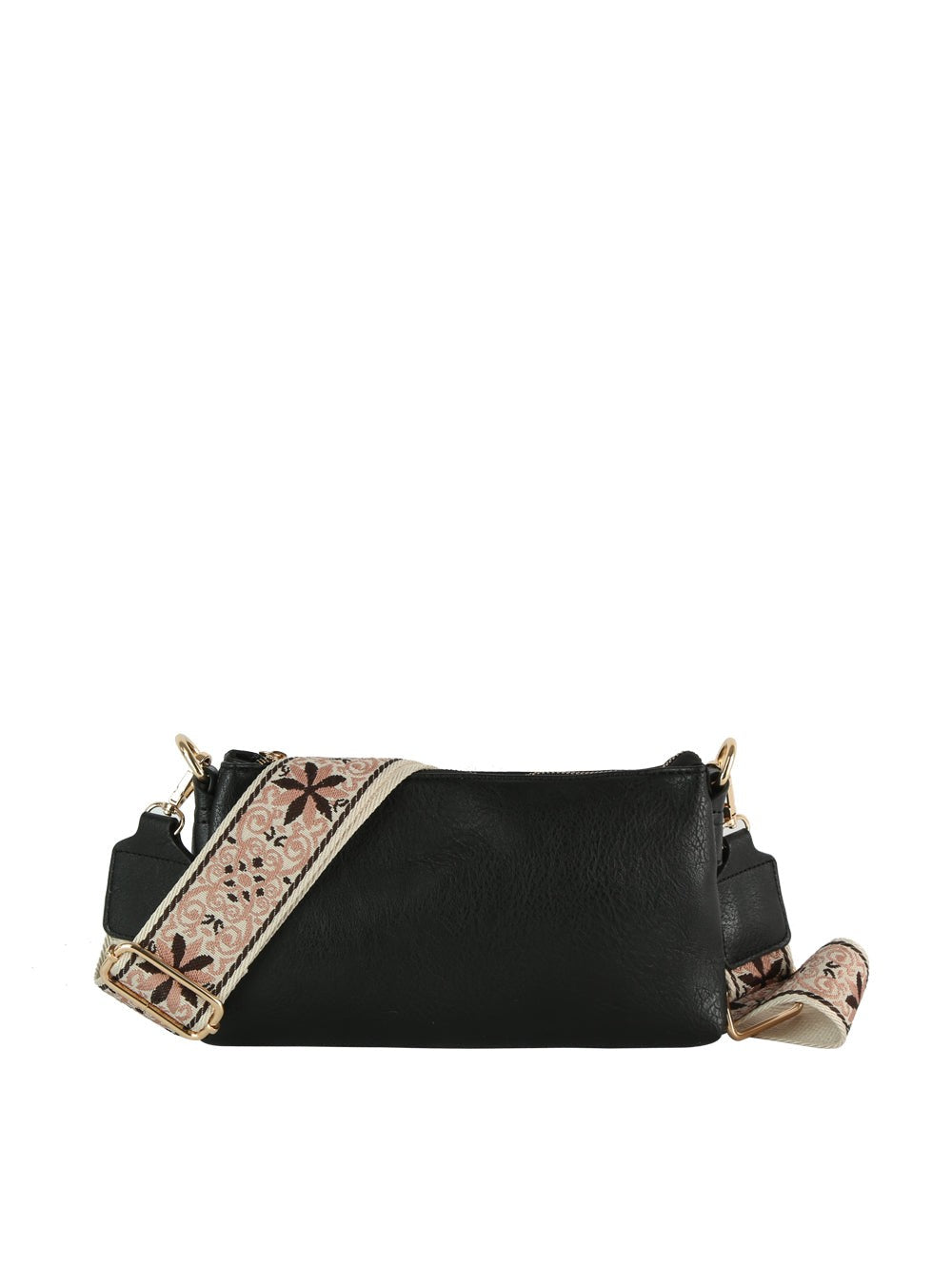 Stylish black leather crossbody clutch bag featuring a decorative floral guitar strap, perfect for trendy Long Island boutique fashion.