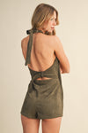 Unlined Suede Tie Neck Romper