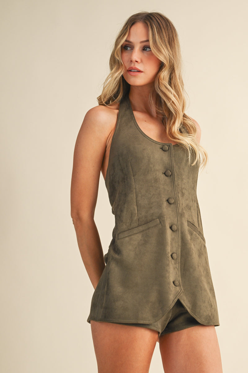 Unlined Suede Tie Neck Romper
