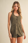 Unlined Suede Tie Neck Romper