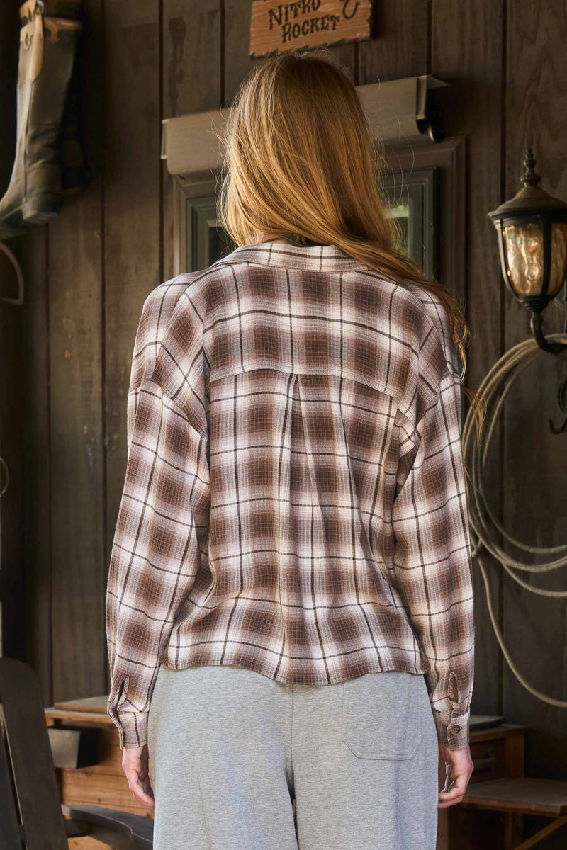 Plaid Collared Button Down Boxy Long Sleeve Shirt
