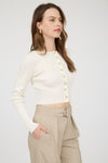 Cream button down long sleeve rib knit cardigan with a cropped fit and elegant button details, ideal for Long Island boutique fashion.