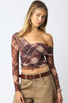 Off-shoulder Donna Mesh Top in a striking brown plaid pattern, perfect for adding a chic touch to Long Island boutique fashion outfits.
