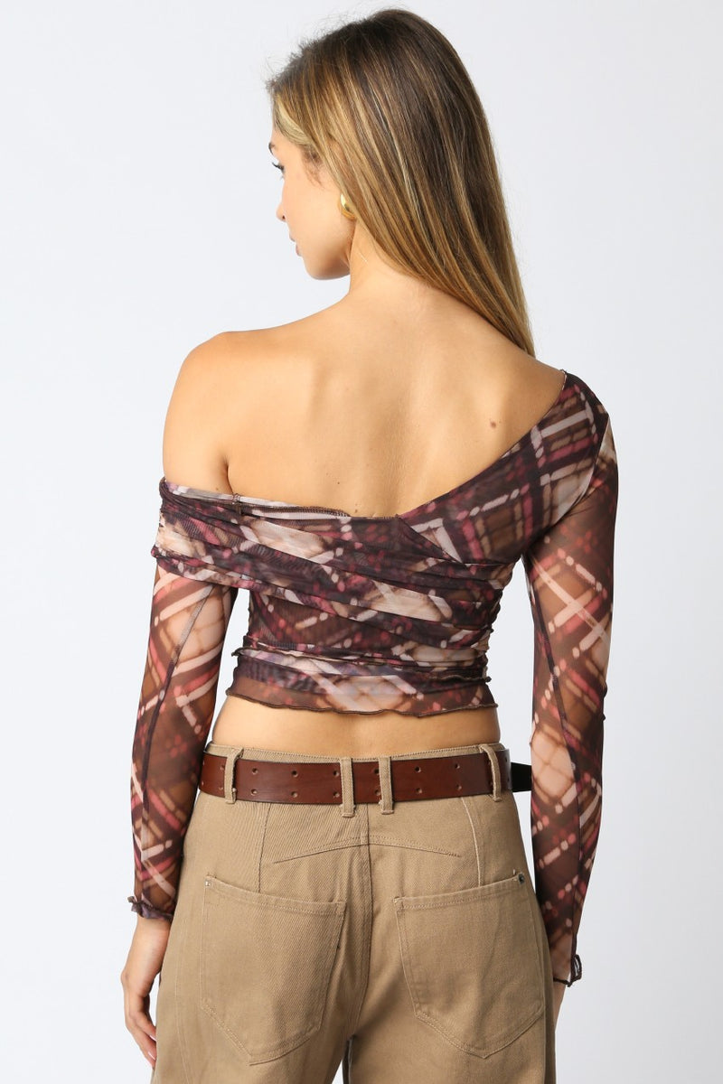 Off-shoulder Donna Mesh Top featuring a sheer, draped design with plaid patterns in rich browns, perfect for Long Island boutique fashion.