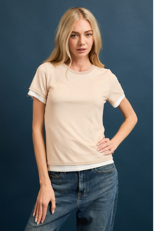 Lightweight crew neck mesh top for women in nude