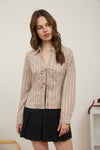 Stripe Collared Long Sleeve Front Tie Shirt