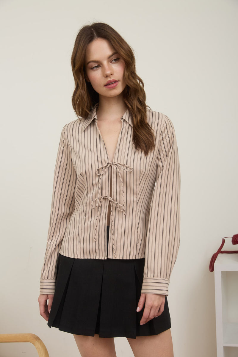 Stripe Collared Long Sleeve Front Tie Shirt