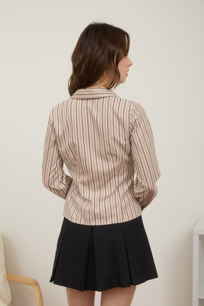 Stripe Collared Long Sleeve Front Tie Shirt
