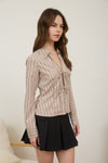 Stripe Collared Long Sleeve Front Tie Shirt