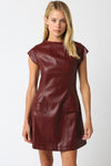 Burgundy Avah Pu Dress featuring a fitted silhouette, cap sleeves, and front pockets, perfect for stylish outings in Long Island boutique fashion.