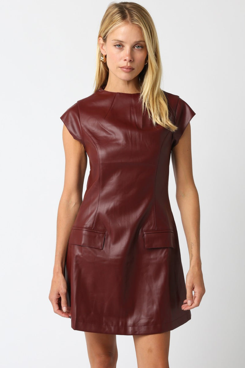 Burgundy Avah Pu Dress featuring a fitted silhouette, cap sleeves, and front pockets, perfect for stylish outings in Long Island boutique fashion.