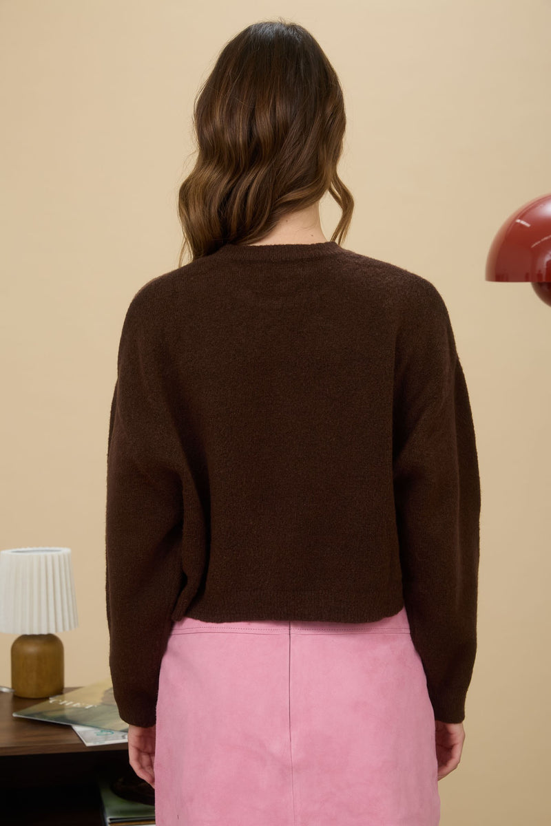 Cropped brown crew neck pullover sweater with long sleeves, perfect for a stylish look at a Long Island women's boutique.