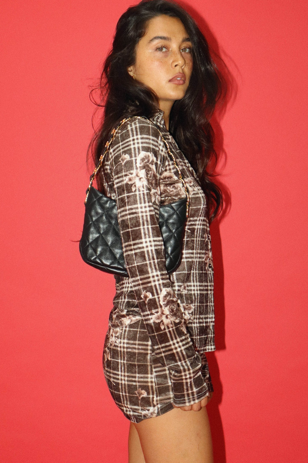 Floral mesh button-up featuring a brown plaid pattern with delicate roses, perfect for stylish layering in Long Island boutique fashion.