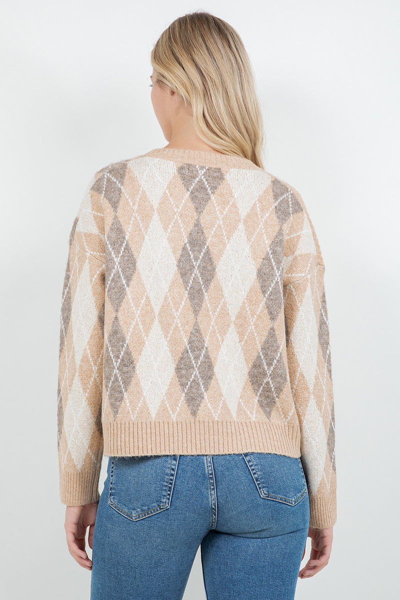 Mixed Texture Argyle Knit Pullover
