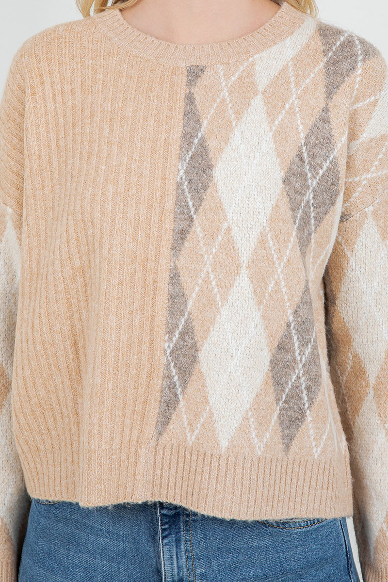 Mixed Texture Argyle Knit Pullover