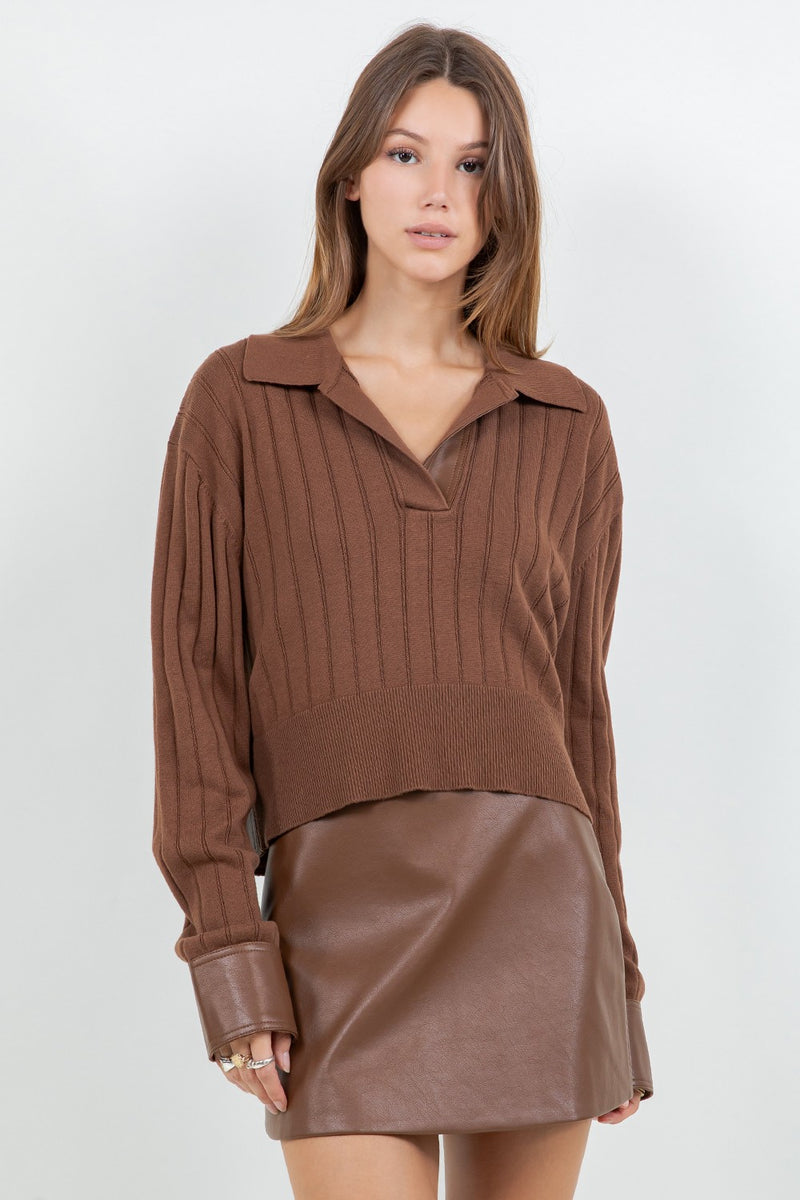 Contrast Pu Knitted Long Sleeve Sweater