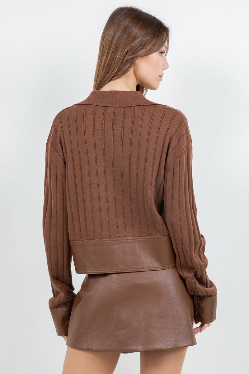 Contrast Pu Knitted Long Sleeve Sweater